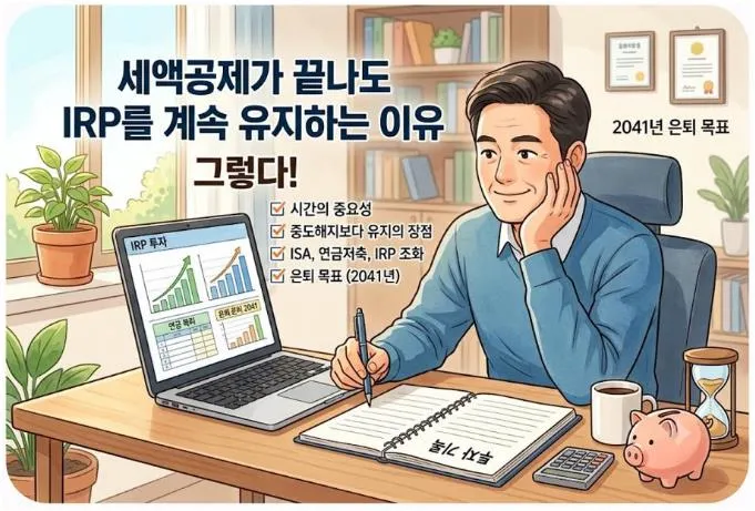 세액공제가 끝나도 IRP 유지를 계속하는 이유와 2041년 은퇴 목표를 설명하는 일러스트