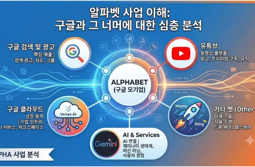 알파벳 사업 분석, 구글 검색 광고와 유튜브, Google Cloud 등 주요 수익 구조를 설명하는 이미지