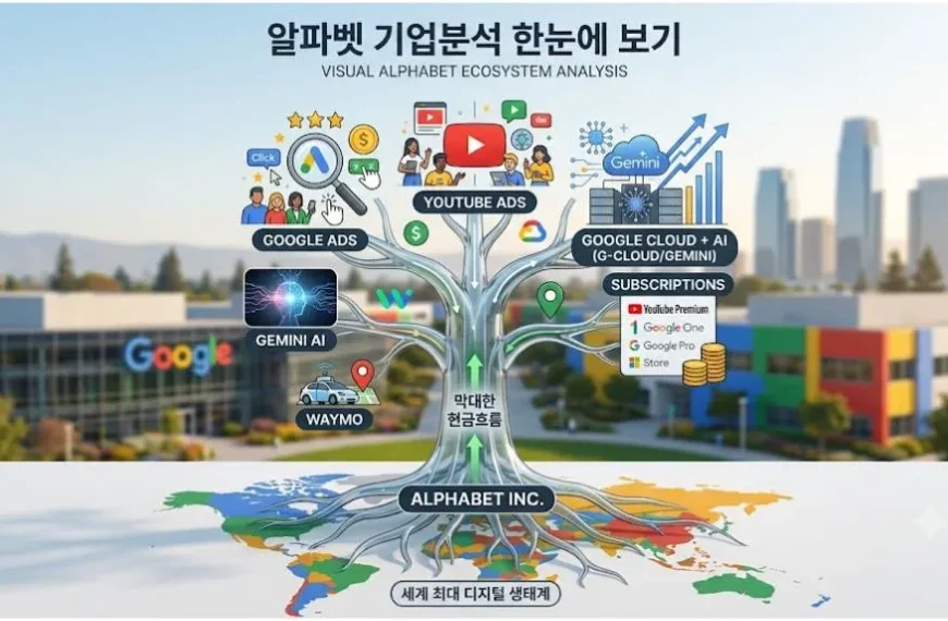 알파벳 기업분석 인포그래픽. 구글 검색광고, 유튜브 광고, Google Cloud, Gemini AI, Waymo, 구독 서비스 등 알파벳의 사업 구조와 AI 생태계를 한눈에 보여주는 이미지