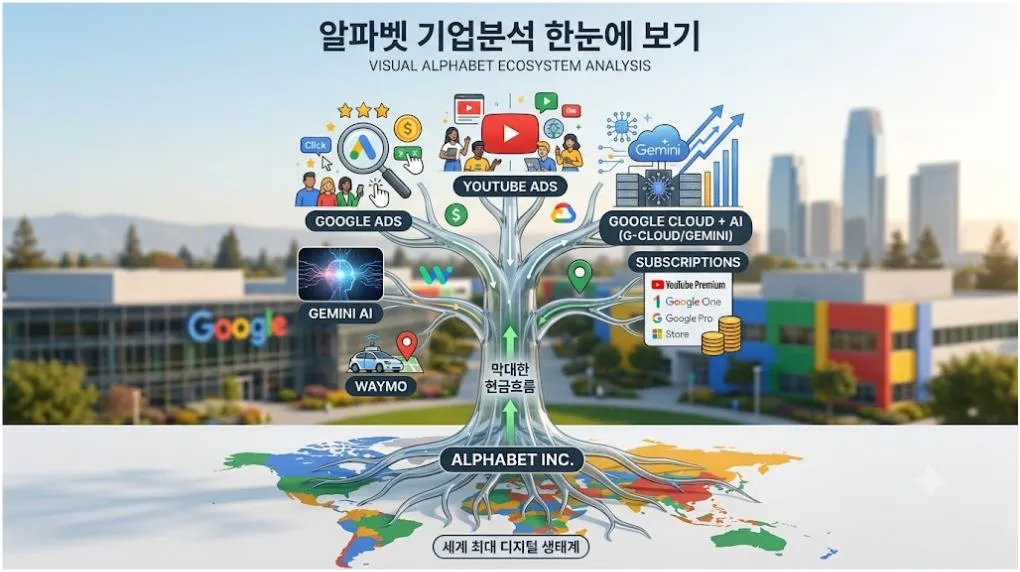 알파벳 기업분석 인포그래픽. 구글 검색광고, 유튜브 광고, Google Cloud, Gemini AI, Waymo, 구독 서비스 등 알파벳의 사업 구조와 AI 생태계를 한눈에 보여주는 이미지