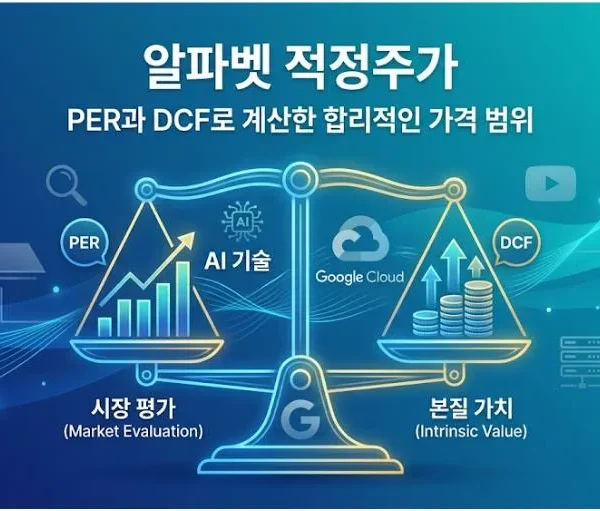 알파벳 적정주가를 PER와 DCF로 계산해 시장 평가와 기업 본질가치를 비교한 인포그래픽