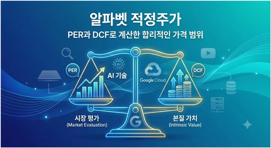 알파벳 적정주가를 PER와 DCF로 계산해 시장 평가와 기업 본질가치를 비교한 인포그래픽