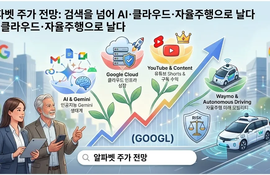 알파벳 주가 전망을 AI, Google Cloud, YouTube, Waymo 성장동력으로 분석한 인포그래픽
