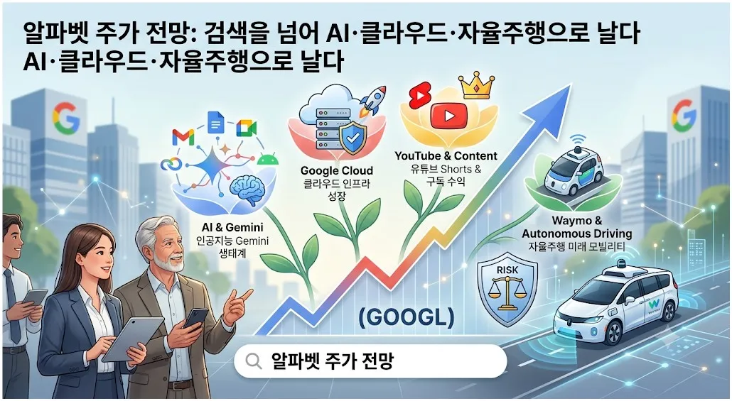 알파벳 주가 전망을 AI, Google Cloud, YouTube, Waymo 성장동력으로 분석한 인포그래픽