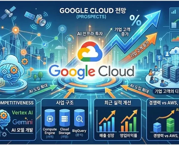 구글 클라우드 전망을 보여주는 일러스트. AI 인프라 투자, Vertex AI, Gemini, 최근 실적 개선, AWS·Azure와의 경쟁력을 한눈에 정리한 이미지
