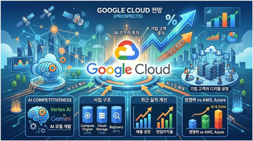 구글 클라우드 전망을 보여주는 일러스트. AI 인프라 투자, Vertex AI, Gemini, 최근 실적 개선, AWS·Azure와의 경쟁력을 한눈에 정리한 이미지