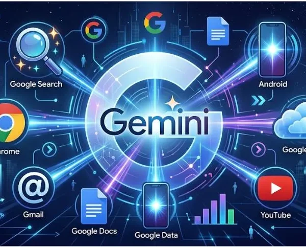 구글 Gemini가 Google Search, Chrome, Android, Google Cloud, YouTube 등 구글 생태계를 연결하는 모습을 나타낸 이미지