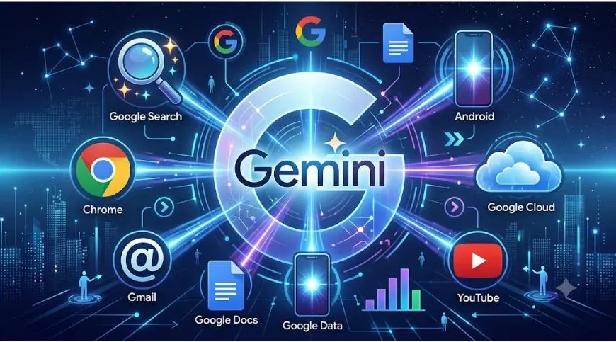 구글 Gemini가 Google Search, Chrome, Android, Google Cloud, YouTube 등 구글 생태계를 연결하는 모습을 나타낸 이미지