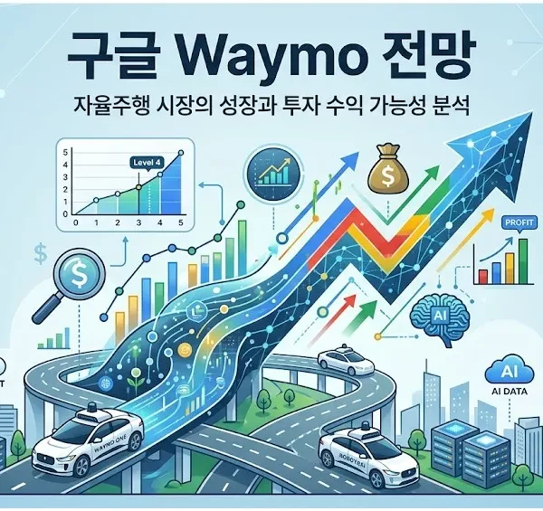구글 Waymo 전망을 보여주는 이미지. Waymo One 자율주행차와 Robotaxi, AI, 성장 그래프를 통해 자율주행 시장의 성장 가능성을 설명