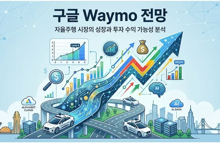 구글 Waymo 전망을 보여주는 이미지. Waymo One 자율주행차와 Robotaxi, AI, 성장 그래프를 통해 자율주행 시장의 성장 가능성을 설명