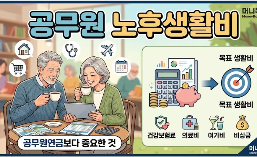 공무원 부부가 은퇴 후 목표 생활비를 계산하며 공무원 노후생활비와 건강보험료, 의료비, 여가비 등을 계획하는 모습