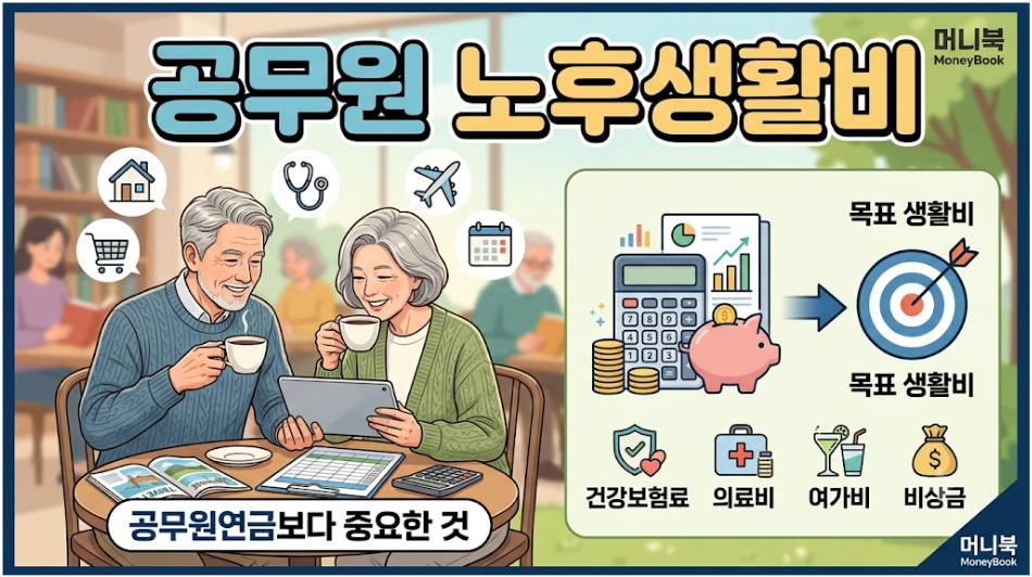공무원 부부가 은퇴 후 목표 생활비를 계산하며 공무원 노후생활비와 건강보험료, 의료비, 여가비 등을 계획하는 모습