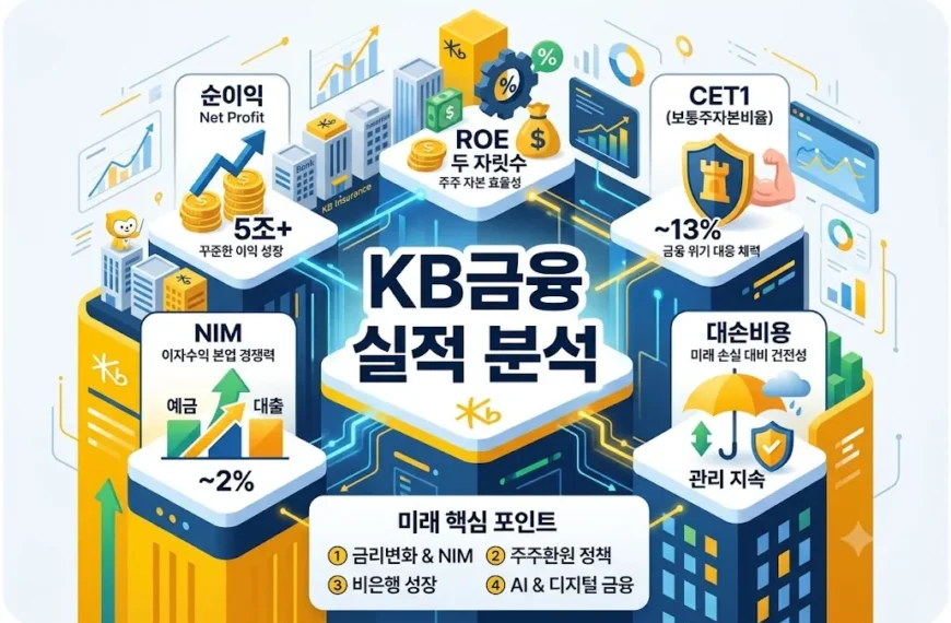 KB금융 실적 분석 인포그래픽으로 순이익, ROE, CET1, NIM, 대손비용 등 핵심 지표를 한눈에 정리한 이미지
