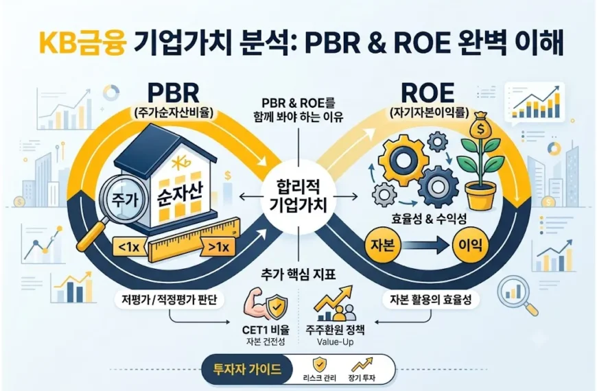 KB금융 기업가치 분석에서 PBR과 ROE를 함께 활용해 기업가치와 저평가 여부를 설명한 인포그래픽