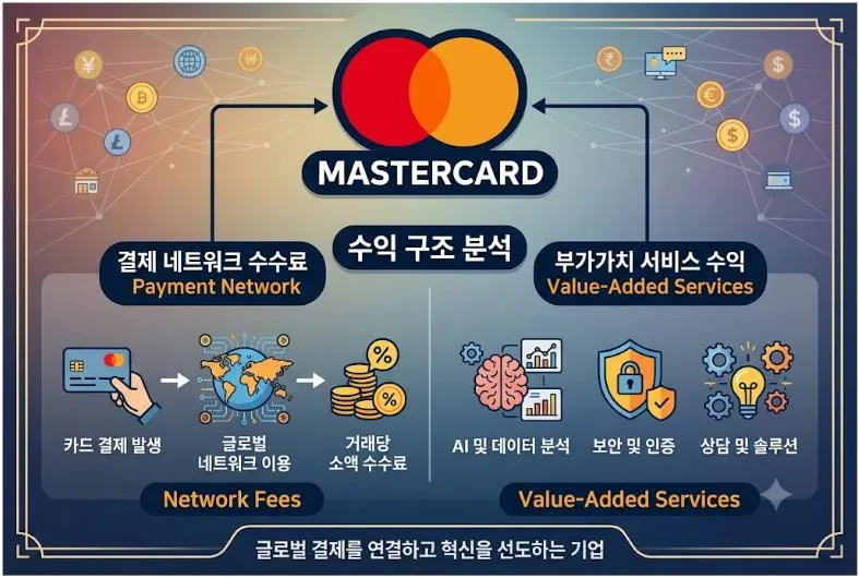 마스터카드 사업구조 분석 인포그래픽. 결제 네트워크 수수료와 부가가치 서비스 수익구조를 한눈에 정리한 이미지