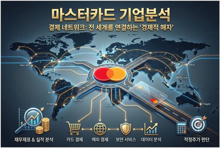 마스터카드 기업분석 대표 이미지. MA 사업구조, 재무제표, 실적, 적정주가를 한눈에 보여주는 결제 네트워크 기업 분석