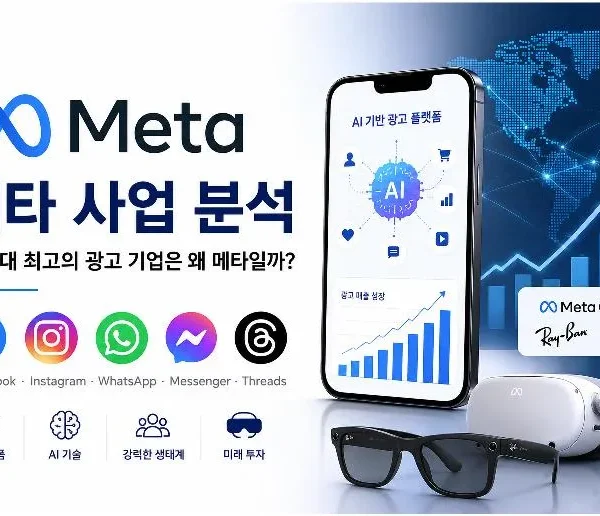 메타 사업 분석 대표 이미지. 페이스북, 인스타그램, 왓츠앱, AI 광고 플랫폼과 메타의 사업구조를 설명하는 이미지
