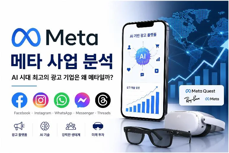 메타 사업 분석 대표 이미지. 페이스북, 인스타그램, 왓츠앱, AI 광고 플랫폼과 메타의 사업구조를 설명하는 이미지