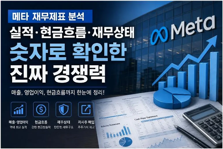 메타 재무제표 분석 대표 이미지. 매출, 영업이익, 현금흐름, 재무상태를 통해 메타의 경쟁력을 설명하는 썸네일