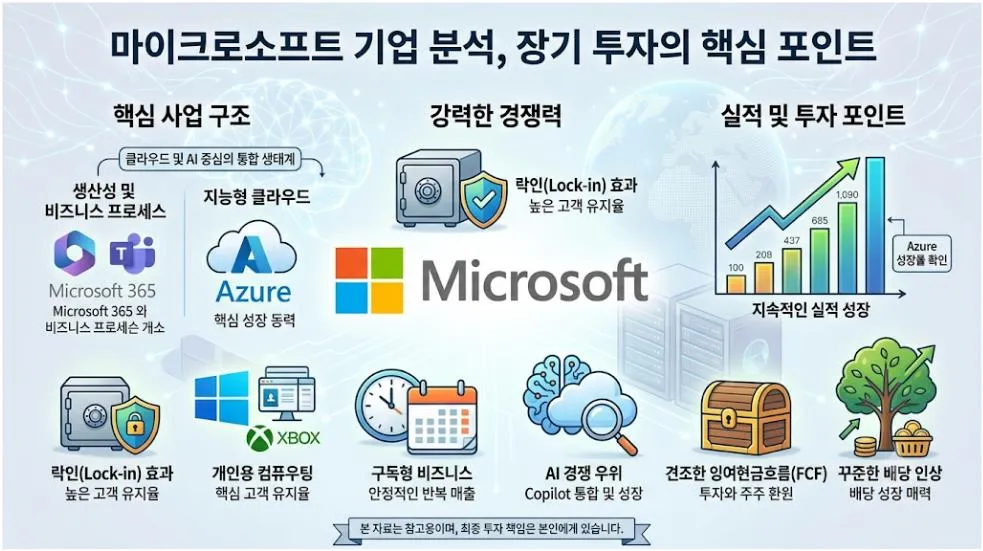마이크로소프트 기업 분석 핵심 요약. Azure와 AI 전략, 사업 구조, 경쟁력, 실적, 재무제표, 배당 등 장기 투자 핵심 포인트를 정리한 인포그래픽