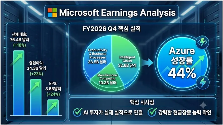 마이크로소프트 실적 분석 (FY2026 Q4 ) 인포그래픽. 매출 764억 달러, 영업이익 343억 달러, EPS 3.65달러, Azure 성장률 44%를 정리한 이미지