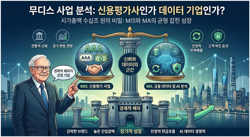 무디스 사업 분석 대표 이미지. 신용평가(MIS)와 금융 데이터·AI 분석(MA) 사업 구조 및 경제적 해자를 설명한 인포그래픽