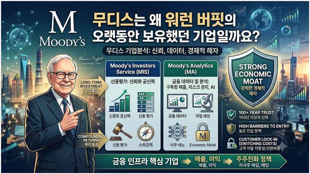 워런 버핏과 무디스(Moody's)의 경제적 해자, 신용평가 사업, 금융 데이터 사업을 설명한 무디스 분석 대표 이미지