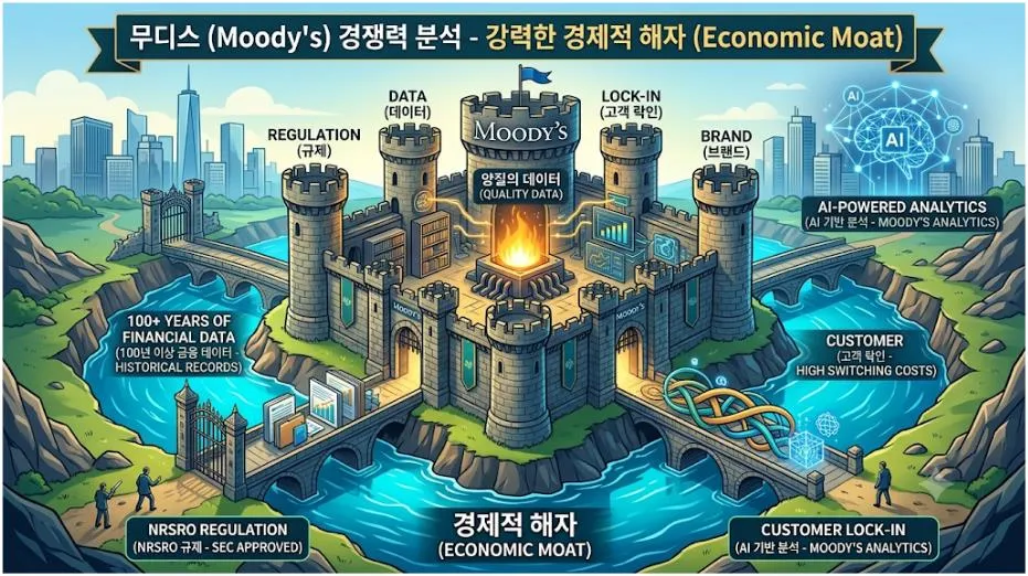 무디스 경쟁력 분석 이미지. 규제와 100년 이상 축적한 데이터, 고객 락인, 브랜드, AI 분석 서비스를 바탕으로 강력한 경제적 해자를 구축한 모습을 표현한 일러스트