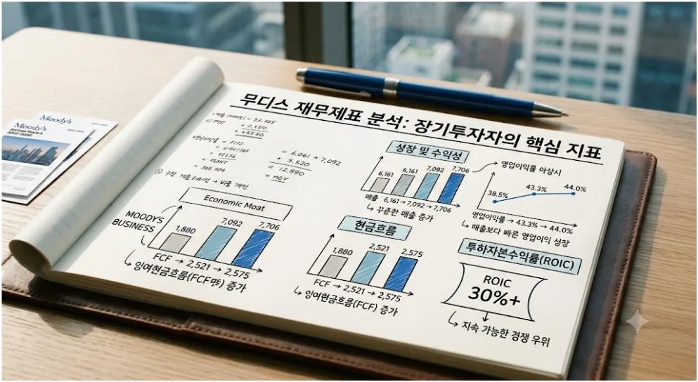 무디스 재무제표 분석으로 매출, 영업이익, EPS, 현금흐름, ROIC를 정리한 대표 이미지