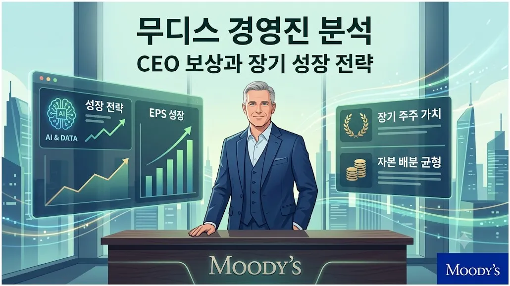 무디스 경영진 분석을 설명하는 대표 이미지. CEO 보상 체계, AI·데이터 성장 전략, EPS 성장, 장기 주주가치, 자본배분 전략을 시각적으로 표현했다.