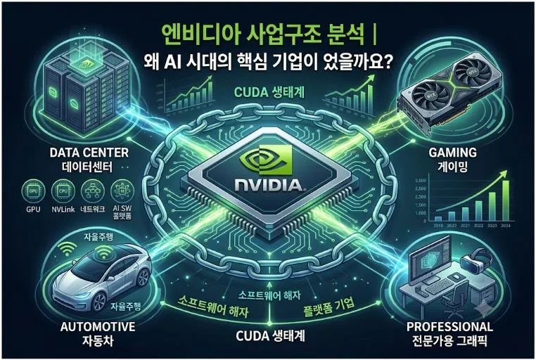엔비디아 사업구조 분석 데이터센터 CUDA 생태계 게이밍 자동차 플랫폼 구조