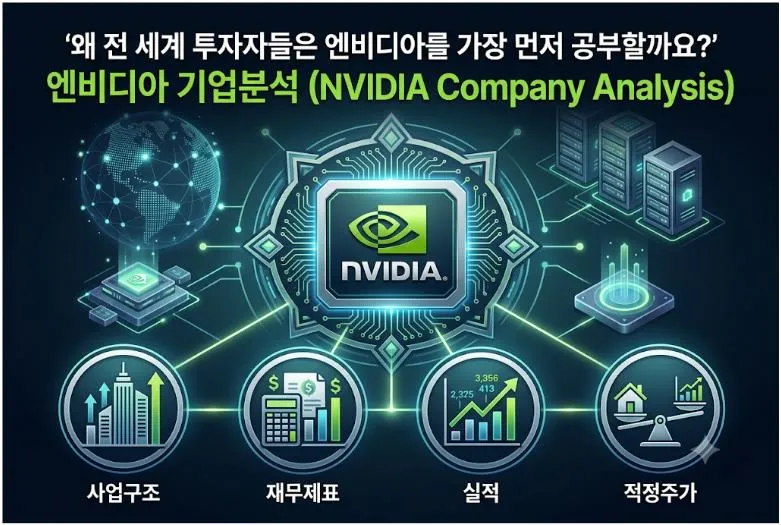 엔비디아 기업분석 대표 이미지로 사업구조, 재무제표, 실적, 적정주가를 한눈에 보여주는 AI 반도체 기업 인포그래픽