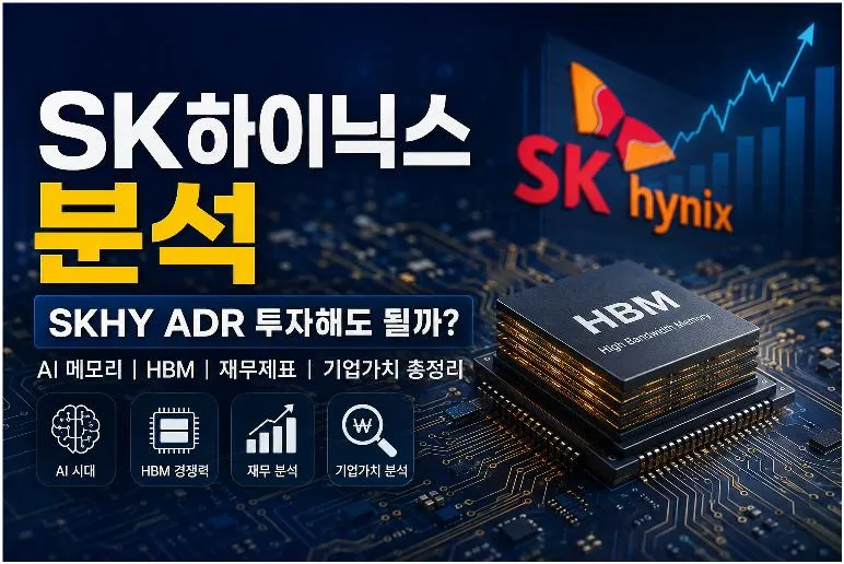SK하이닉스 분석과 SKHY ADR 투자 포인트를 보여주는 AI 메모리 HBM 및 기업가치 대표 이미지