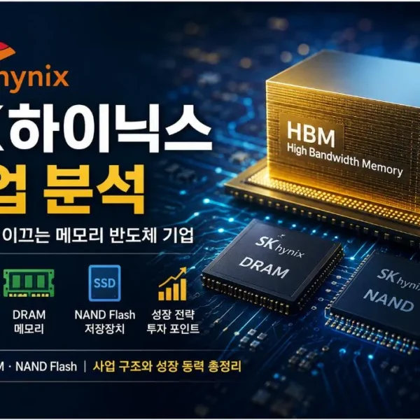 SK하이닉스 사업 분석을 주제로 HBM, DRAM, NAND Flash와 AI 메모리 사업 구조를 설명한 대표 이미지
