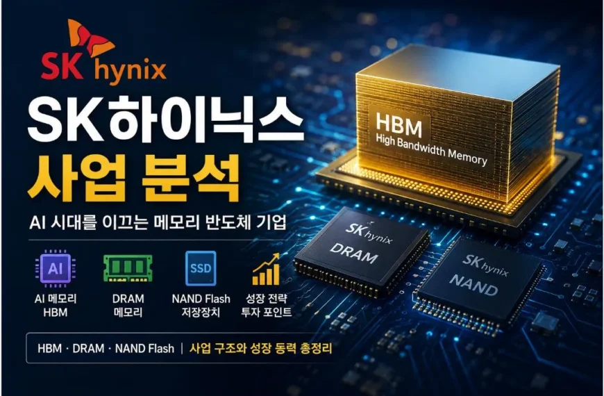 SK하이닉스 사업 분석을 주제로 HBM, DRAM, NAND Flash와 AI 메모리 사업 구조를 설명한 대표 이미지