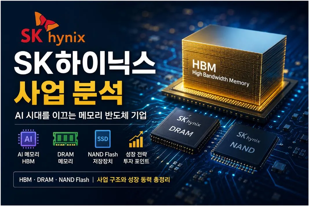 SK하이닉스 사업 분석을 주제로 HBM, DRAM, NAND Flash와 AI 메모리 사업 구조를 설명한 대표 이미지