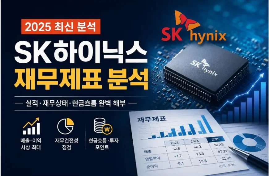 SK하이닉스 재무제표 분석 대표 이미지. 2025년 매출, 영업이익, 재무상태표, 현금흐름을 바탕으로 기업 경쟁력을 설명한 썸네일