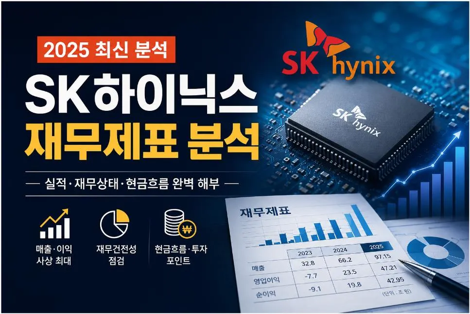 SK하이닉스 재무제표 분석 대표 이미지. 2025년 매출, 영업이익, 재무상태표, 현금흐름을 바탕으로 기업 경쟁력을 설명한 썸네일