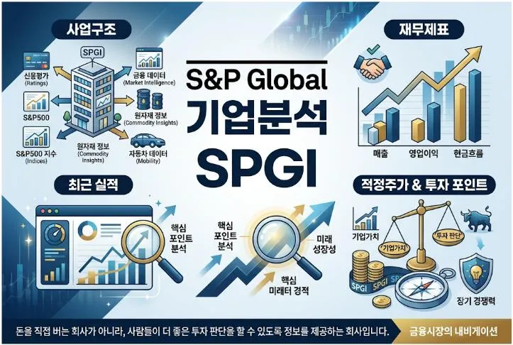 S&P Global 기업분석 대표 이미지. 사업구조, 재무제표, 실적, 적정주가와 투자 포인트를 한눈에 보여주는 인포그래픽