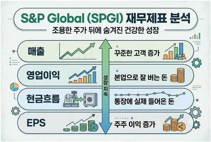 S&P Global 재무제표 분석으로 매출, 영업이익, 현금흐름, EPS 성장과 기업의 경쟁력을 설명한 인포그래픽
