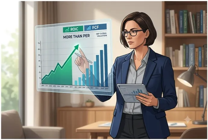 S&P Global 적정주가 분석에서 PER보다 ROIC와 FCF가 중요한 이유를 설명하는 투자 분석 이미지