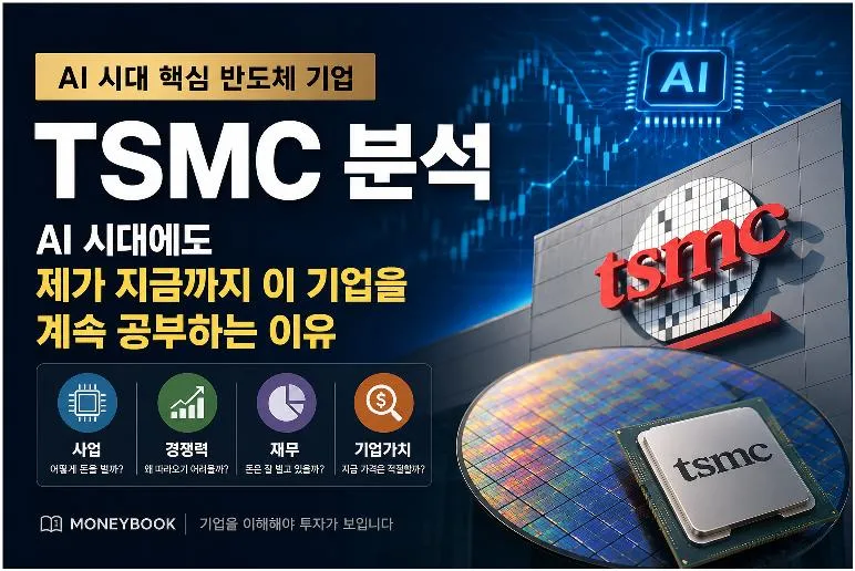 TSMC 분석 대표 이미지. AI 시대 세계 1위 파운드리 기업 TSMC의 사업 구조, 경쟁력, 재무제표, 기업가치를 한눈에 보여주는 이미지