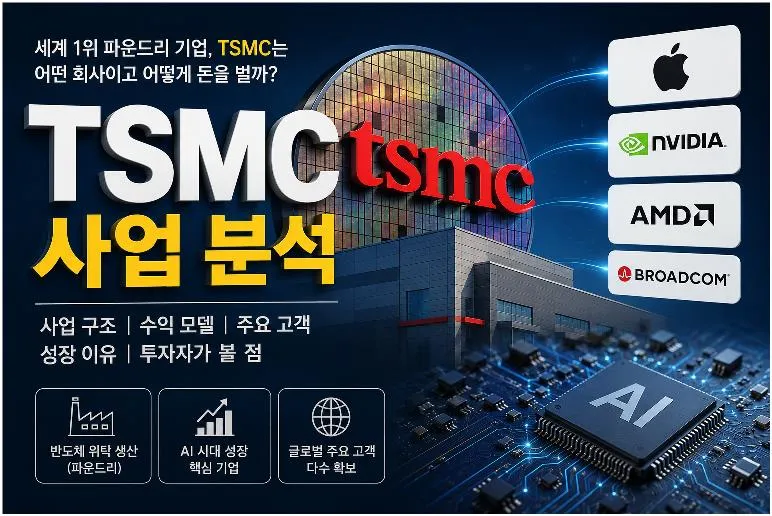 TSMC 사업 분석 대표 이미지, 세계 1위 파운드리 기업의 사업 구조와 AI 반도체 성장 전략을 설명하는 일러스트