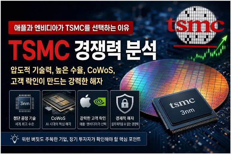 TSMC 경쟁력 분석을 설명하는 대표 이미지. 애플과 엔비디아가 TSMC를 선택하는 이유와 첨단 공정, 높은 수율, CoWoS, 고객 락인 등 경제적 해자를 나타낸 이미지