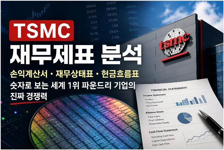 TSMC 재무제표 분석 이미지. 손익계산서, 재무상태표, 현금흐름표를 통해 세계 1위 파운드리 기업의 매출과 수익성, 현금창출력을 설명하는 대표 이미지