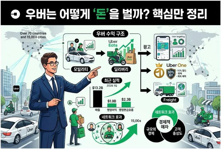 우버 분석 대표 이미지. 모빌리티, 우버이츠, 광고, Uber One, Freight 사업 구조와 최근 실적, 경제적 해자를 한눈에 정리한 인포그래픽