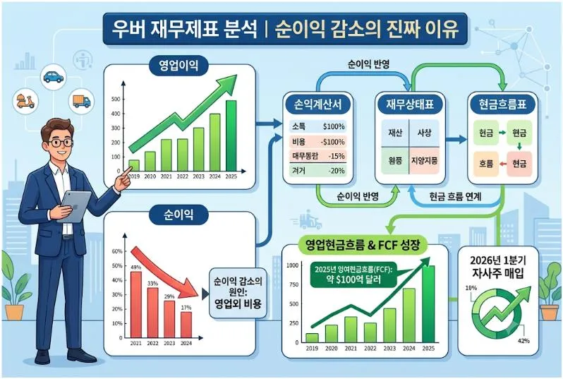 우버 재무제표 분석에서 영업이익 증가와 순이익 감소 원인, 현금흐름과 잉여현금흐름(FCF) 변화를 설명한 인포그래픽