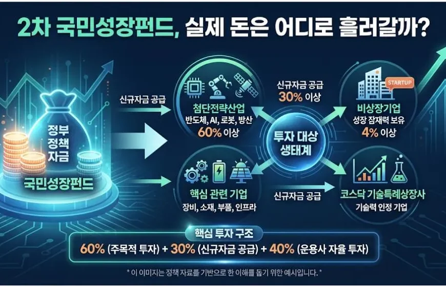 2차 국민성장펀드 투자대상과 60% 30% 40% 투자구조를 보여주는 이미지