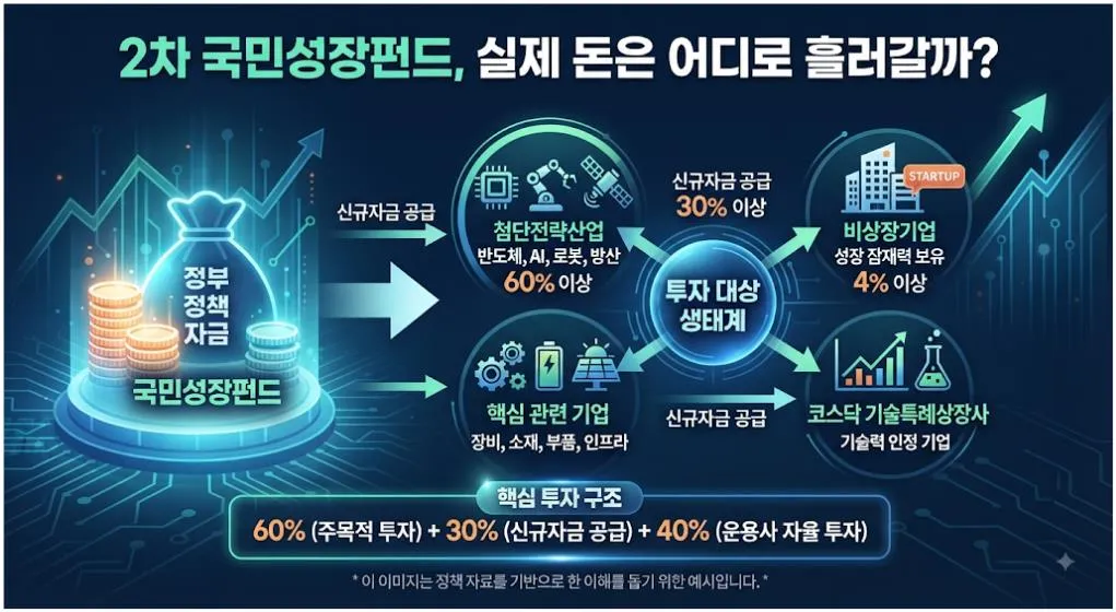 2차 국민성장펀드 투자대상과 60% 30% 40% 투자구조를 보여주는 이미지