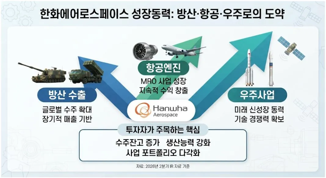 한화에어로스페이스 성장동력인 방산 수출과 항공엔진, 우주사업을 한눈에 정리한 인포그래픽